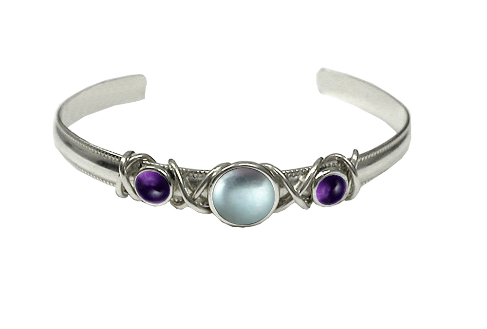 Sterling Silver Hand Made Cuff Bracelet With Blue Topaz And Amethyst